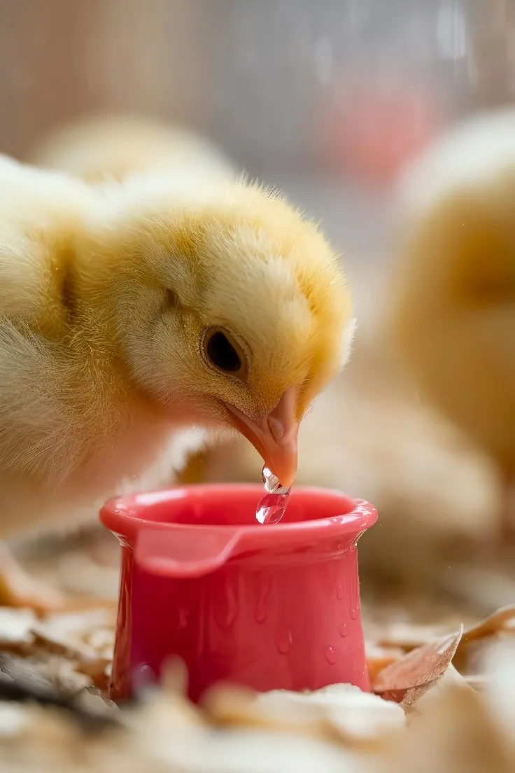 Broiler chicks drinking from a feeder