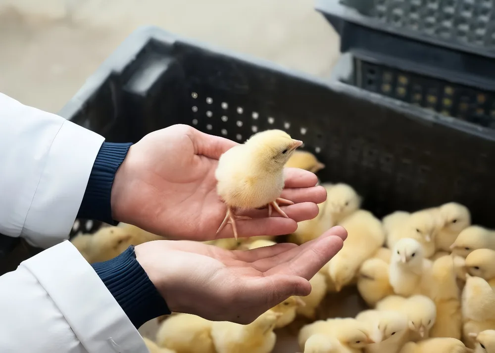 Farm worker holding a day-old chick