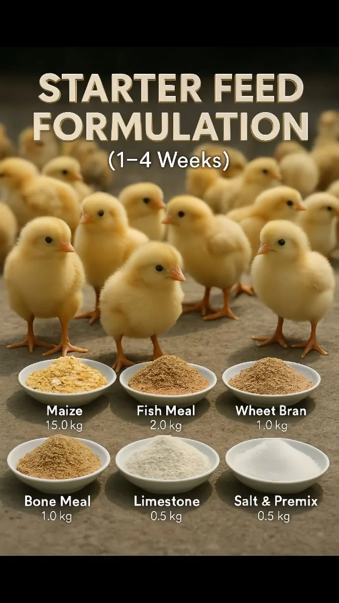 Starter feed formulation ingredients laid out for poultry