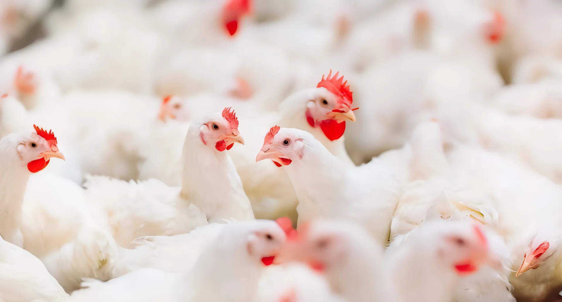 Healthy white broiler chickens at a Ceno Agro Pharm poultry house